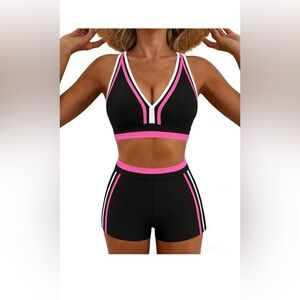 Women's Black and Pink Sports Bra and Shorts Set Sz XL NWT